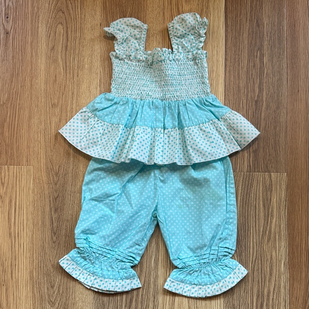Frumpy Rumps Light Blue Polka Dot Ruffle Two-Piece Set Sz 12 Months